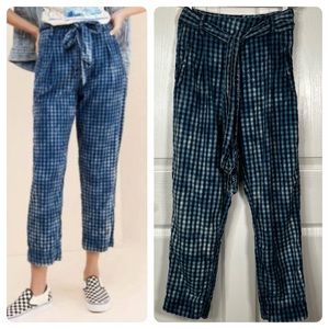 Anthropologie Maeve Avryl Bleached Slim Gingham Checked Pants Sz 0 Blue